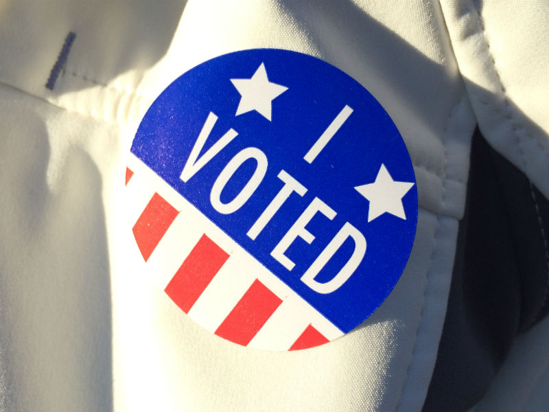 An "I Voted" sticker on Ogdensburg, N.Y. resident Yvonne Griffith's jacket on Nov. 8, 2016. Staff photo.