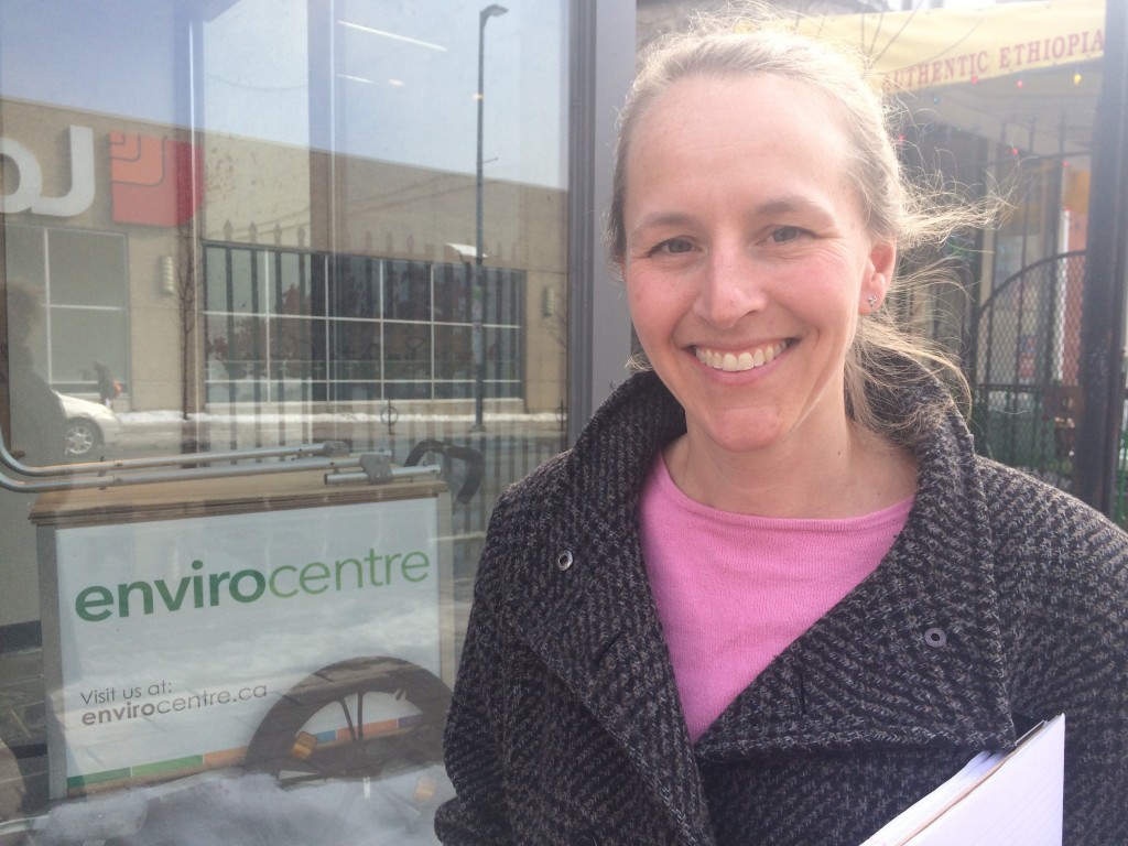 Jennifer Stelzer, 45 originally from Toronto, is pictured here at her workplace, Envirocentre on Rideau Street. Behind her is her Envriocentre cart that she pulls behind her bike each day travelling to work. 