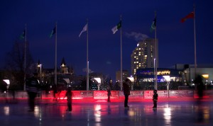 Skaters linger under pink lights on the Rink of Dreams on Saturday night (Fangliang Xu, The Impact)