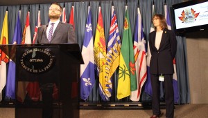 Philippe Ozga (left) and Katharine Schmidt (right), from Food Banks Canada, discuss need for the service at Parliament Hill Centre Block on Tuesday morning. THE JUNCTION/Cody MacKay.