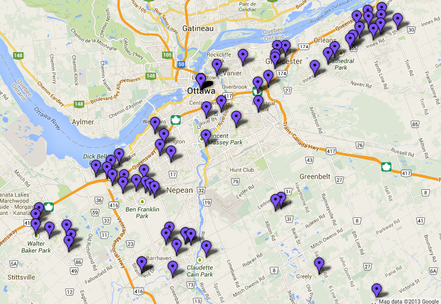 Click to view a map of sledding hills in Ottawa