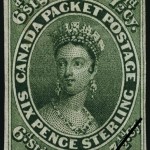 Issue date: 1857 – The "Canada packet postage" wording surrounding this portrait of Queen Victoria referenced Canadian steamships previously known as "packets." This stamp was used specifically for mail sent to England through Canadian vessels.