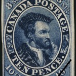 Issue date: 1855 – This portrait of Jacques Cartier acknowledged the famed explorer who in 1534 voyaged to Newfoundland and New Brunswick. Cartier is also framed on either side by a beaver and three maple leaves, depicting Canadian fauna and flora.