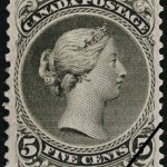 Issue date: 1875 – In 1875, rates on letters sent to the U.K. decreased. In response, the Dominion of Canada released the five cent stamp, the first temporary form of postage.