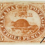 Issue date: 1851 – The 3-pence Beaver stamp was designed by engineer Sandford Fleming who helped develop the Canadian railway system. The image of a beaver building a dam represented young Canadians settling in budding towns and communities. It also illustrated the Canadian fur trade, which was instrumental to the country's commercial foundation.