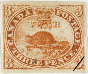 Issue date: 1851 – The 3-pence Beaver stamp was designed by engineer Sandford Fleming who helped develop the Canadian railway system. The image of a beaver building a dam represented young Canadians settling in budding towns and communities. It also illustrated the Canadian fur trade, which was instrumental to the country's commercial foundation.