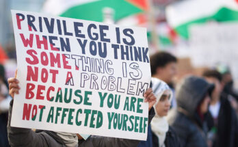 A sign at a demonstration that says "Privilege is when you think something is not a problem because you are not affected yourself"