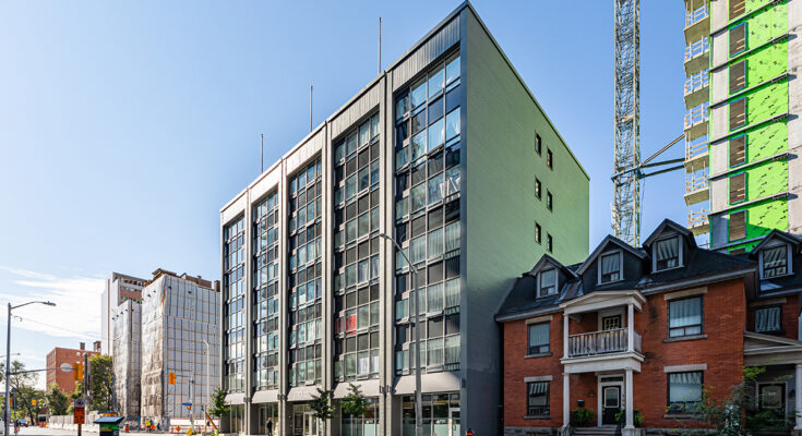 On Metcalfe street, tall apartment building that used to contain offices.