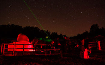 Observatory with telescopes and lasers looking at the night sky.