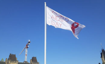 A Flag with World AIDS Day written on it flies against the blue sky