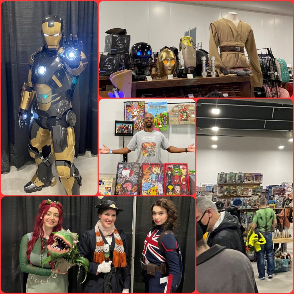 a collage of pics from the mini-comic con event, showing stalls of theme items and participants dressed in cosplay outfits