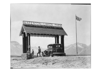 An undated archival photo of the entrance to Waterton Lakes National Park.