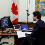 Prime Minister Justin Trudeau attends a virtual meeting.