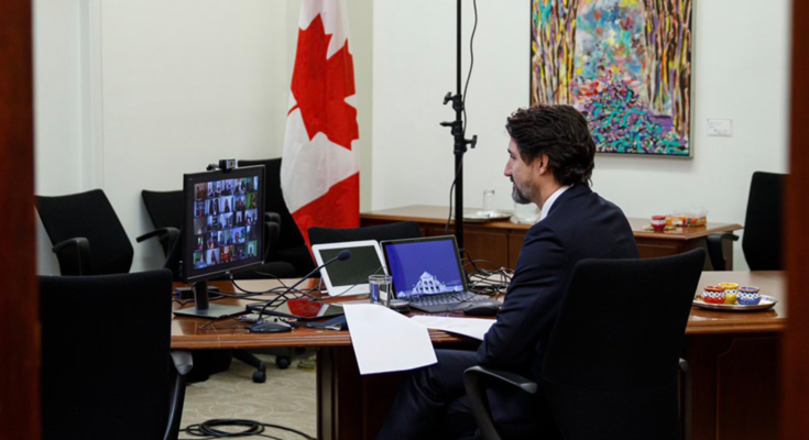 Prime Minister Justin Trudeau attends a virtual meeting.