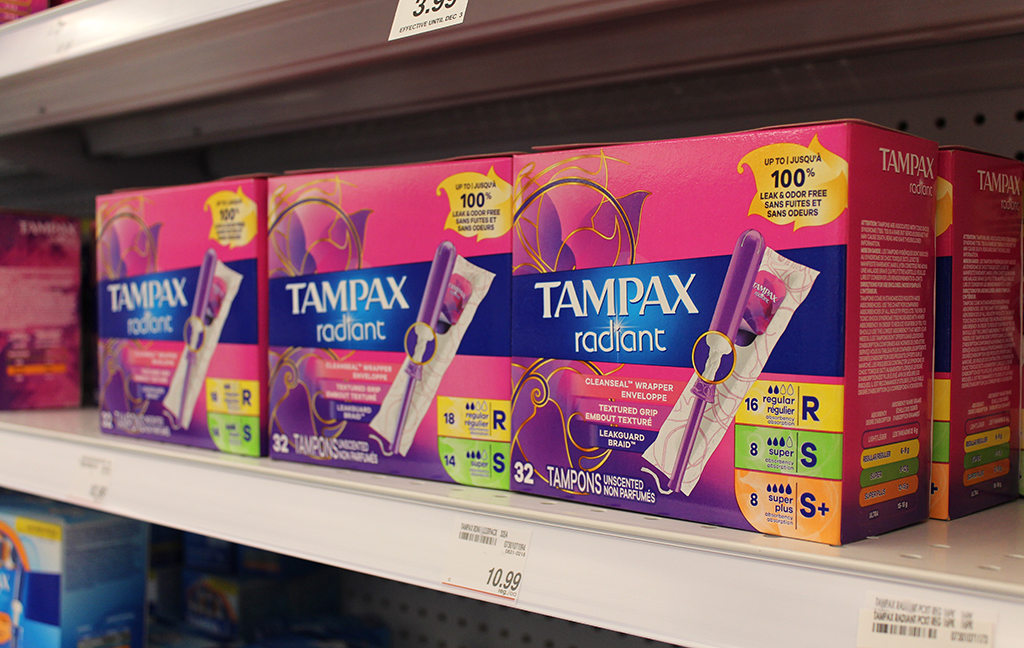 Tampons on a shelf at Shoppers Drug Mart.