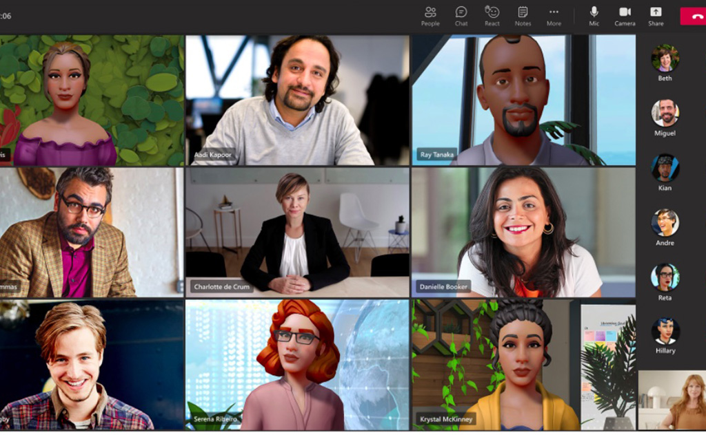 Screen shot of a Microsoft Mesh meeting with virtual avatars as participants